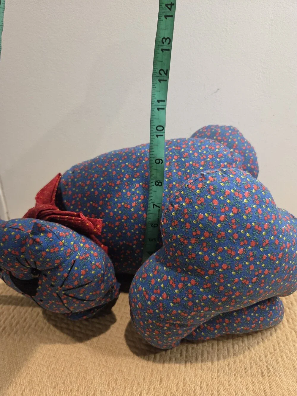 Vintage Handmade Cottagecore Blue Floral Cat Plush Doorstopper